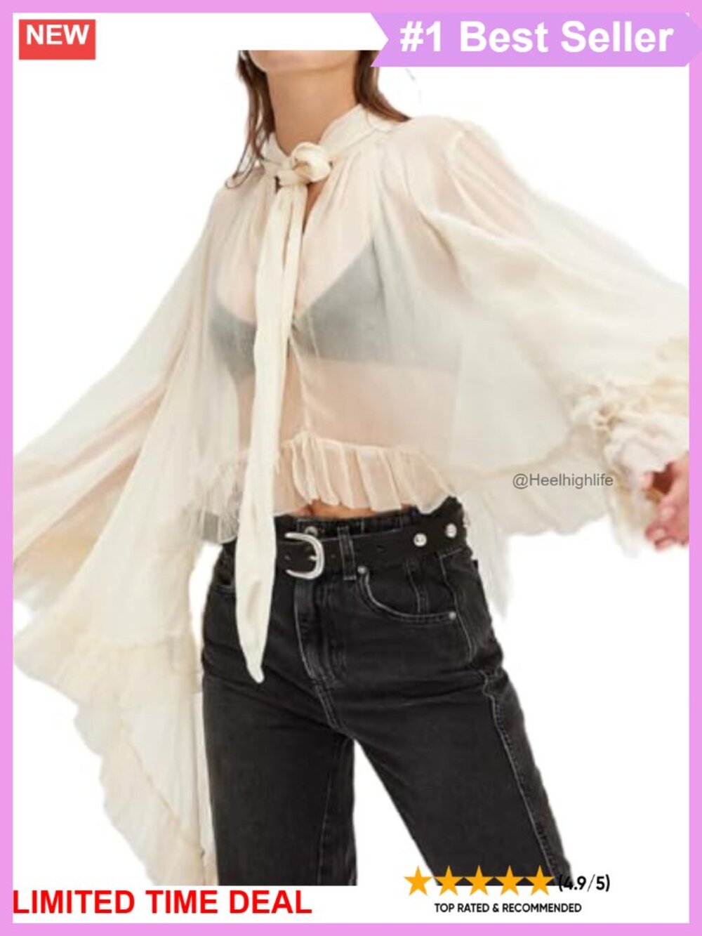 Sheer Chiffon Ruffle Tunic Blouse Self Tie Neck
